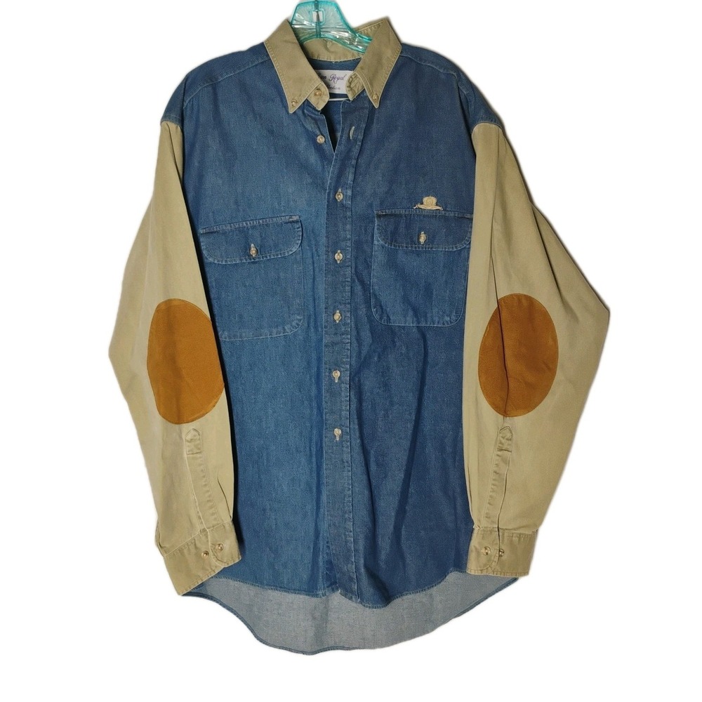 Crown Royal Mens Large 48 Denim Elbow Patch Long Tail Button Down Shirt